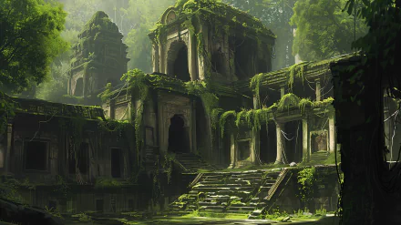 HD wallpaper featuring the mystical view of an ancient ruin enveloped in a lush forest, with sunlight filtering through the foliage illuminating the overgrown stone structures.