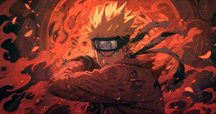 Anime HD wallpaper featuring Naruto Uzumaki, showcasing him with striking golden hair and intense expression amidst vibrant flames and dynamic patterns in the background.