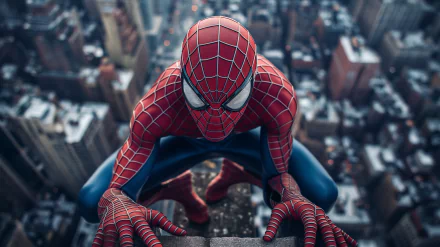 Spider-Man crouching on a skyscraper overlooking the cityscape, in a high-definition comic-style desktop wallpaper background.