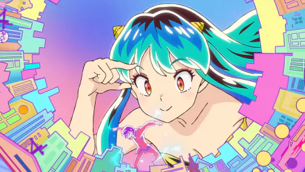 HD wallpaper featuring a colorful anime character from Urusei Yatsura (2022) with a vibrant, abstract background.