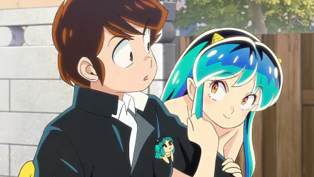 HD Wallpaper featuring characters from Urusei Yatsura (2022) anime with a female character showing a playful wink and a male character looking surprised.