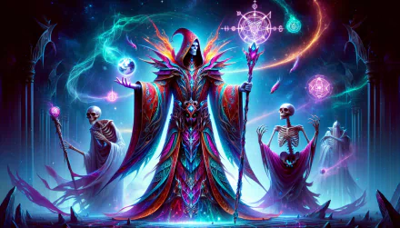 A vibrant HD wallpaper featuring a powerful warlock surrounded by mystical energy and skeletal figures, set against a cosmic backdrop with glowing symbols.
