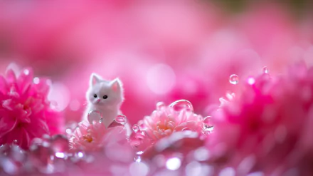 A cute white kitten surrounded by vibrant pink flowers, captured in stunning detail. This charming image serves as a delightful HD desktop wallpaper.
