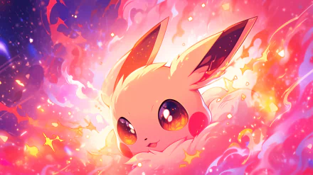 HD anime-style wallpaper featuring Eevee from Pokémon surrounded by a vibrant, fiery nebula background.