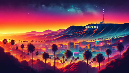 HD desktop wallpaper featuring a vibrant illustration of the Hollywood hills at sunset with skyline and palm trees.