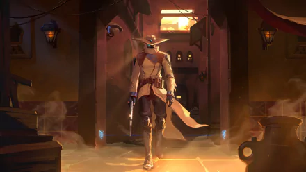 HD wallpaper of Cypher, the surveillance expert from Valorant video game, walking through a dimly lit room with tactical gear on.