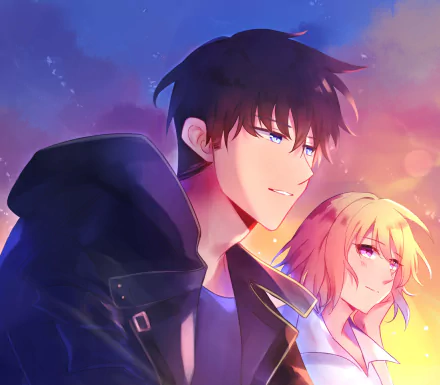 HD anime wallpaper featuring Sung Jin-Woo and Cha Hae-in from Solo Leveling, set against a vibrant, glowing background.