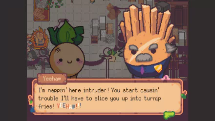 HD wallpaper featuring characters from the video game 'Turnip Boy Robs a Bank' with quirky in-game dialog.