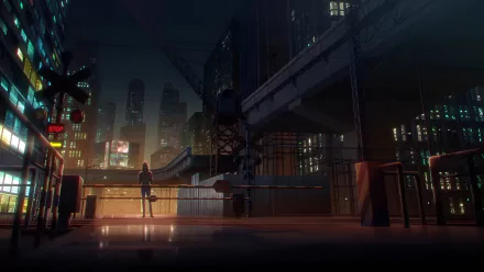 Anime-style HD desktop wallpaper featuring Sung Jin-Woo from Solo Leveling standing in a dark, futuristic cityscape at night.