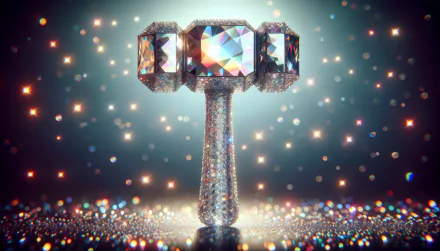 A stunning HD wallpaper featuring a sparkling hammer adorned with colorful gems, set against a background of shimmering lights and a mystic glow.