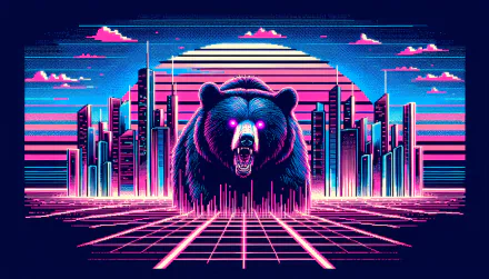 HD desktop wallpaper featuring a stylized black bear with glowing eyes against a retro-futuristic cityscape and geometric shapes in a neon color palette.
