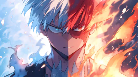 Dynamic HD wallpaper featuring Shoto Todoroki from My Hero Academia, showcasing his dual elemental powers of ice and fire in a striking split design.