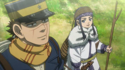 HD wallpaper featuring Asirpa and Sugimoto Saichi from the anime Golden Kamuy, set against a vivid green backdrop.