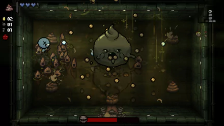 HD desktop wallpaper featuring a scene from the video game The Binding of Isaac: Repentance with a character facing a boss in a dungeon room filled with obstacles.
