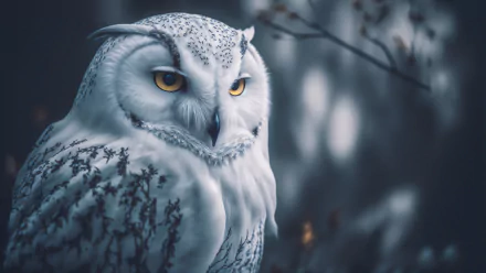 Close-up of a majestic snowy owl with striking yellow eyes, surrounded by a soft, muted background, creating a stunning HD desktop wallpaper and background.