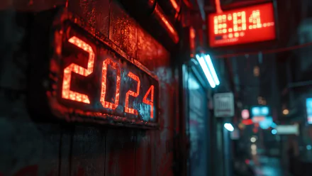 A vibrant HD wallpaper featuring a glowing digital clock reading 2024, set against a dark, atmospheric urban background, capturing the essence of New Year celebrations.