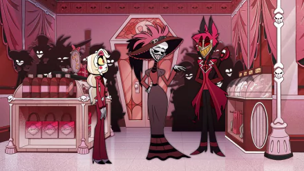 HD desktop wallpaper featuring characters from the TV show Hazbin Hotel, set in a stylish, red-toned room.
