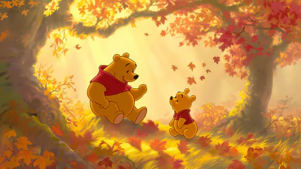 A vibrant HD desktop wallpaper featuring Winnie the Pooh and Piglet amidst an autumn scene, with golden leaves falling in a warm, whimsical forest setting.