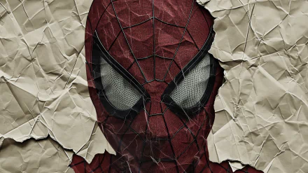 HD Spider-Man desktop wallpaper showcasing a close-up of Spider-Man's mask with a textured crumpled paper background.