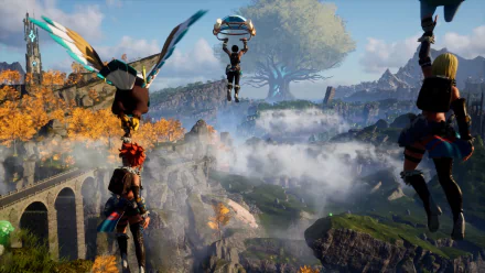 Stunning HD desktop wallpaper featuring characters and creatures from the Palworld video game exploring a scenic, fog-covered landscape with an ancient aqueduct.