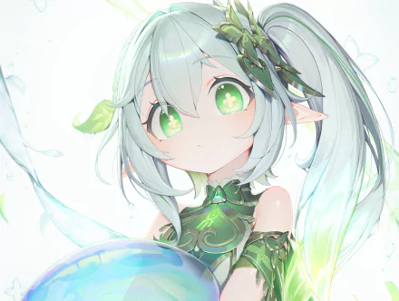 HD PC desktop wallpaper featuring Nahida from Genshin Impact with vibrant green eyes and ethereal, nature-inspired attire in a bright, soft background.