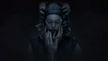 A haunting HD wallpaper from Senua's Saga: Hellblade II, featuring a character enveloped in shadow with multiple hands emerging, creating a sense of mystery and tension.
