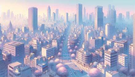 HD wallpaper of a stylized downtown cityscape with pastel colors for desktop background.
