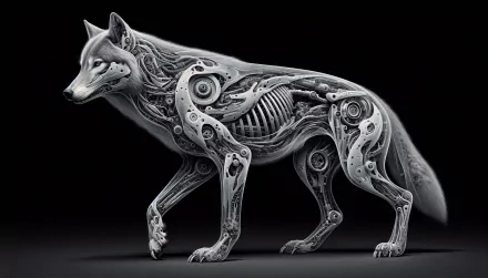 A striking HD wallpaper featuring a gray wolf, artistically rendered with intricate mechanical components showcasing both nature and technology in harmony.