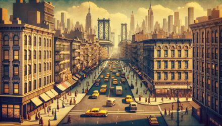 HD desktop wallpaper of an artistic representation of New York City street with iconic yellow cabs and skyline in vintage style.