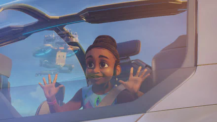 Animated character from Iwájú TV show excitedly looking out of a futuristic vehicle with a cityscape in the background - HD wallpaper.