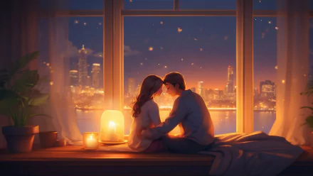 Romantic HD wallpaper of a couple sharing an intimate moment by a candlelit window with a cityscape background, tagged as Soulmate.