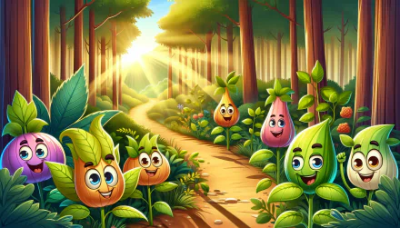HD desktop wallpaper featuring a whimsical trail in a vibrant forest with cartoonish, smiling fruits and leaves on a sunny day.”