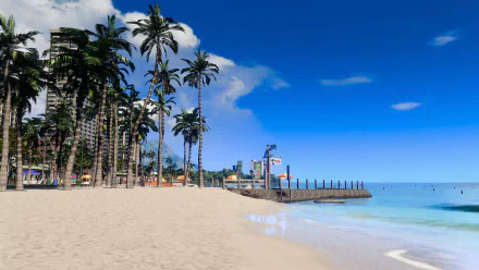 HD wallpaper featuring a tropical beach scene from the video game Like a Dragon: Infinite Wealth, with clear skies, palm trees, and a serene ocean.