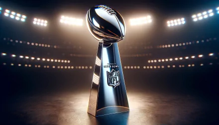 HD wallpaper featuring the NFL Super Bowl trophy illuminated under bright stadium lights, symbolizing sports triumph.