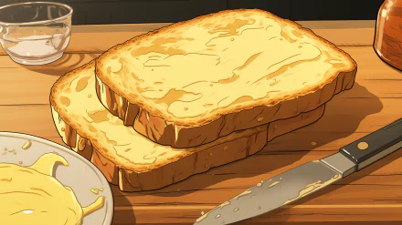Buttered toast on a wooden table with knife and butter dish, HD breakfast-themed desktop wallpaper and background.