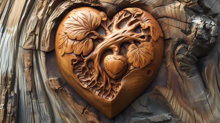 HD wallpaper featuring an intricate wood carving of a heart with detailed foliage designs, set against a textured wooden background.