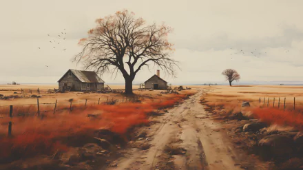 Rustic ranch landscape with dirt road and farmhouse HD desktop wallpaper