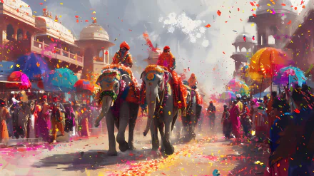 Vibrant and colorful Oriental elephant parade HD wallpaper featuring decorated elephants and revelers in a festive atmosphere with vivid hues and dynamic confetti effects.