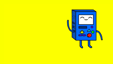Minimalist HD Adventure Time cartoon wallpaper featuring a smiling blue handheld game console character on a vibrant yellow background for PC desktop.