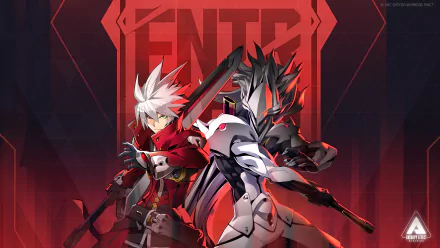 HD desktop wallpaper featuring BlazBlue Entropy Effect video game characters in dynamic poses with a bold red and black color scheme.