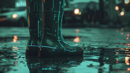HD desktop background featuring a close-up of rain boots standing in a puddle with raindrops, in a moody, cinematic setting.
