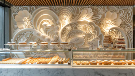 HD wallpaper of an elegant bakery interior with a selection of bread displayed under intricate white floral reliefs.