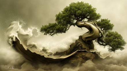 HD desktop wallpaper featuring an artistic rendition of a bonsai tree with a twisting trunk and lush green canopy set against a mystical, cloudy background.