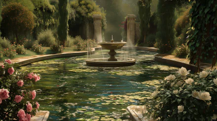 A serene garden pond features a beautiful fountain, surrounded by lush greenery and blooming roses, creating a tranquil and picturesque scene for an HD desktop wallpaper.