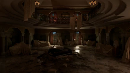 HD wallpaper of a dimly lit, abandoned interior scene from the 2024 video game Alone in the Dark, showcasing eerie atmospherics typical of the game's setting.