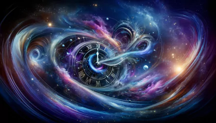 HD desktop wallpaper featuring an artistic representation of time and space with a swirling galaxy and clockwork elements intertwined in a vibrant cosmic scene.
