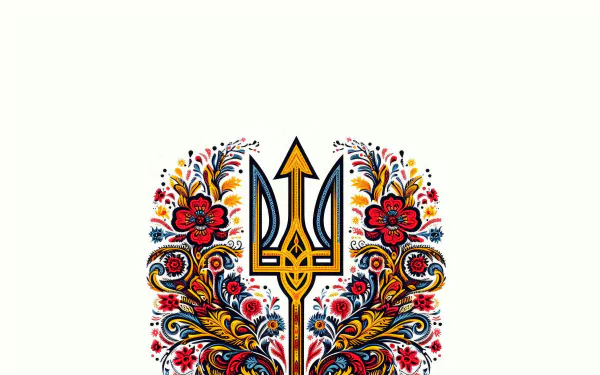 A vibrant 4K Ultra HD wallpaper featuring Ukraine's trident symbol surrounded by colorful, traditional floral patterns on a white background.