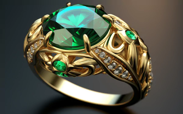 alt=Elegant emerald and diamond encrusted gold ring HD wallpaper for desktop background.