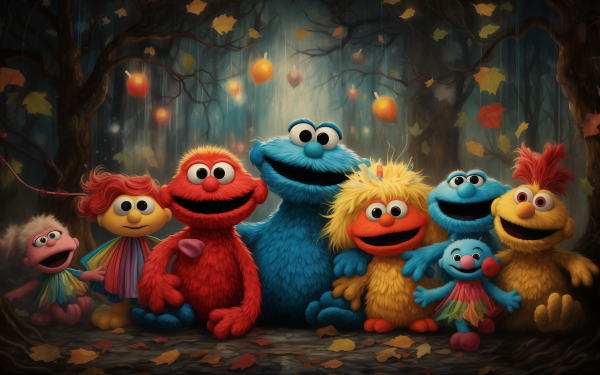 Sesame Street characters in an autumn-themed HD desktop wallpaper.