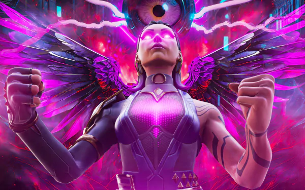 HD PC desktop wallpaper featuring Reyna from Valorant with glowing purple wings and eyes, set against a vibrant, electrifying background.